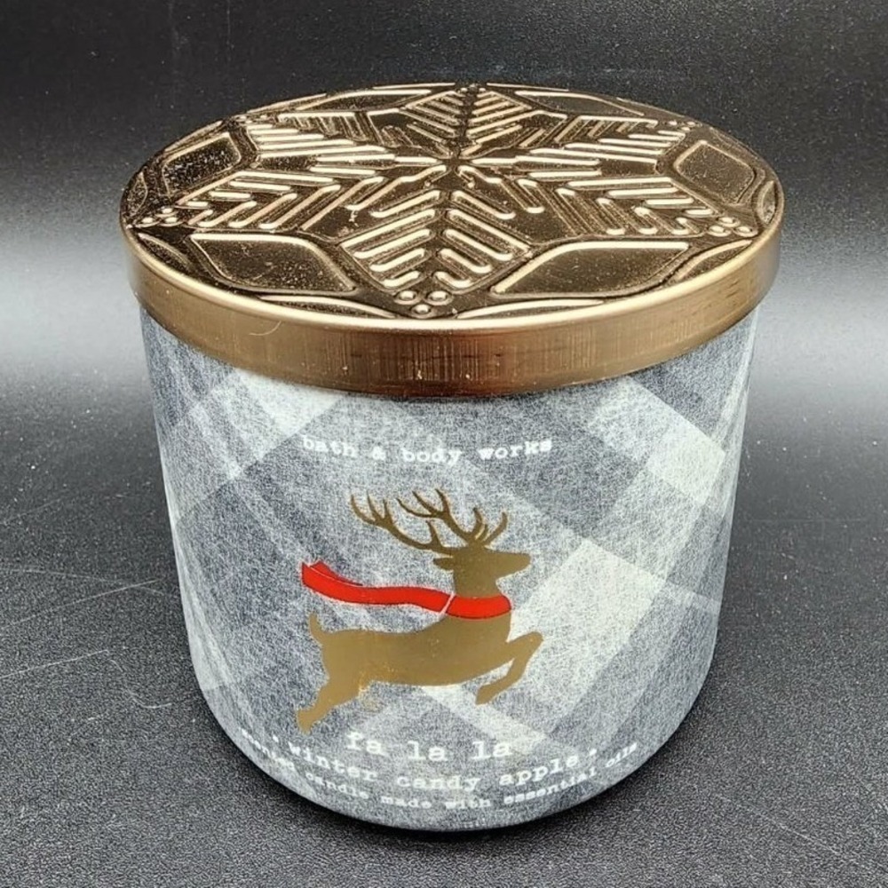 Bath & Body Works Winter Candy Apple Gray Plaid Reindeer 3-Wick Candle Gold Lid